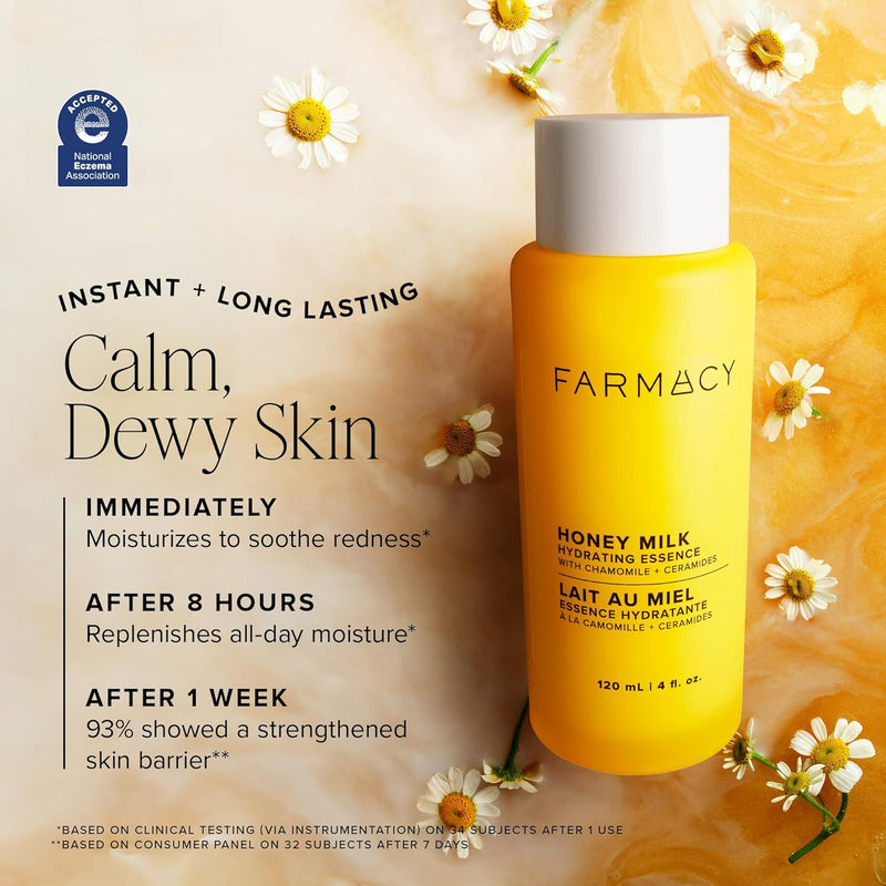 Honey Milk Face Essence - Hydrating Milky Toner with Honey, Ceramides + Chamomile - Helps Strengthen Skin Barrier + Replenish Moisture - Soothing + Calming Skincare (10Ml)